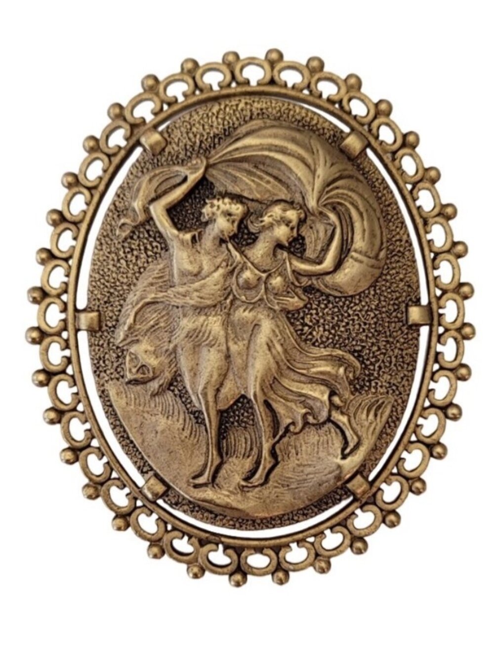Gold Tone Art Nouveau Style 80’s Cameo Style Brassy Statement Oval Brooch, E573